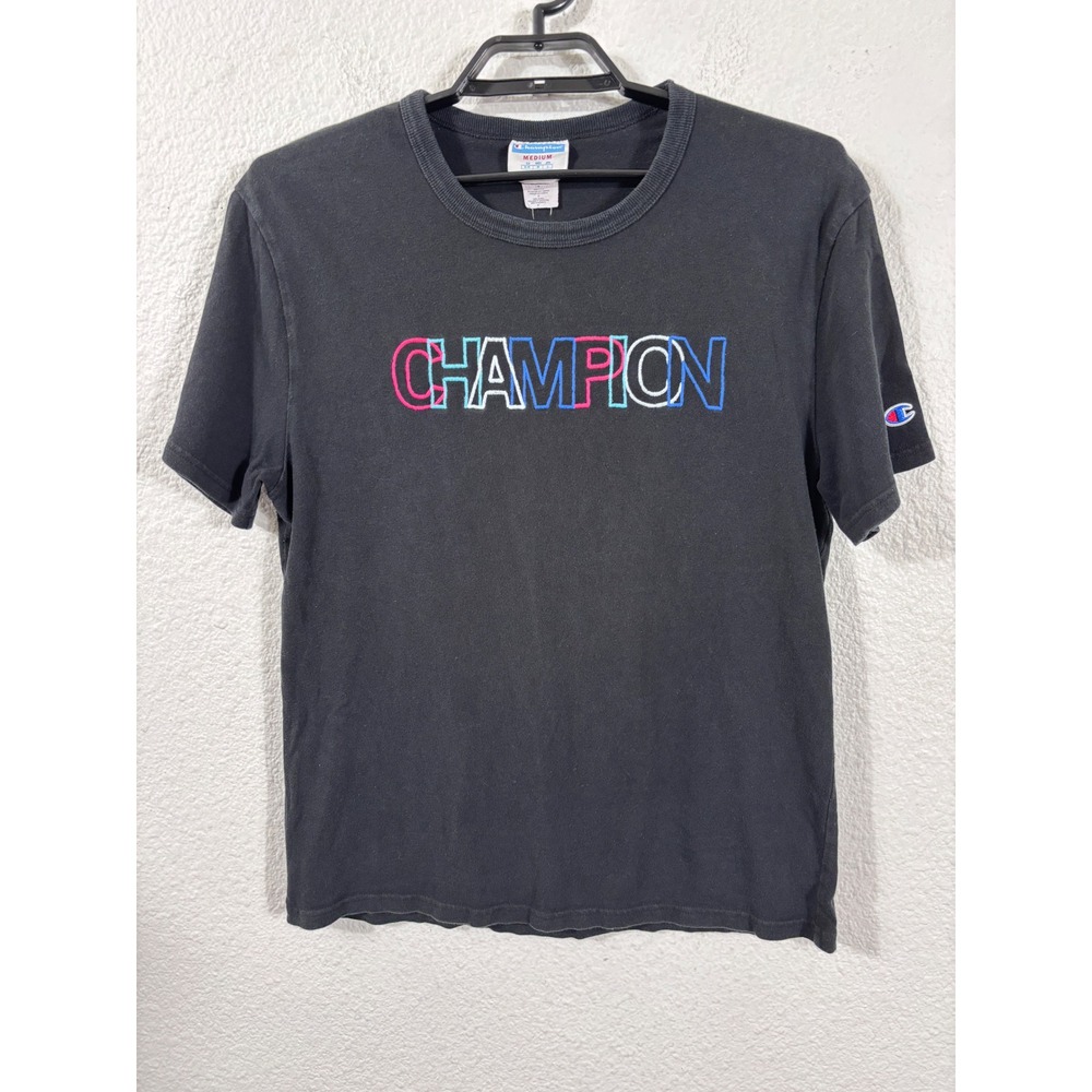 Champion Graphic T-Shirt Mens Medium Black Embroidered Logo Short Sleeve *Fading